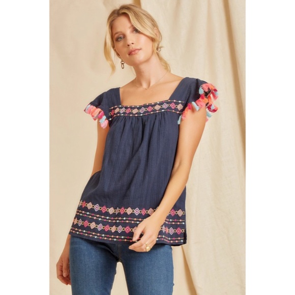 Tops - SOLD OUT Navy Geometric Embroidered Tassel Trimmed Woven Short Sleeve Top